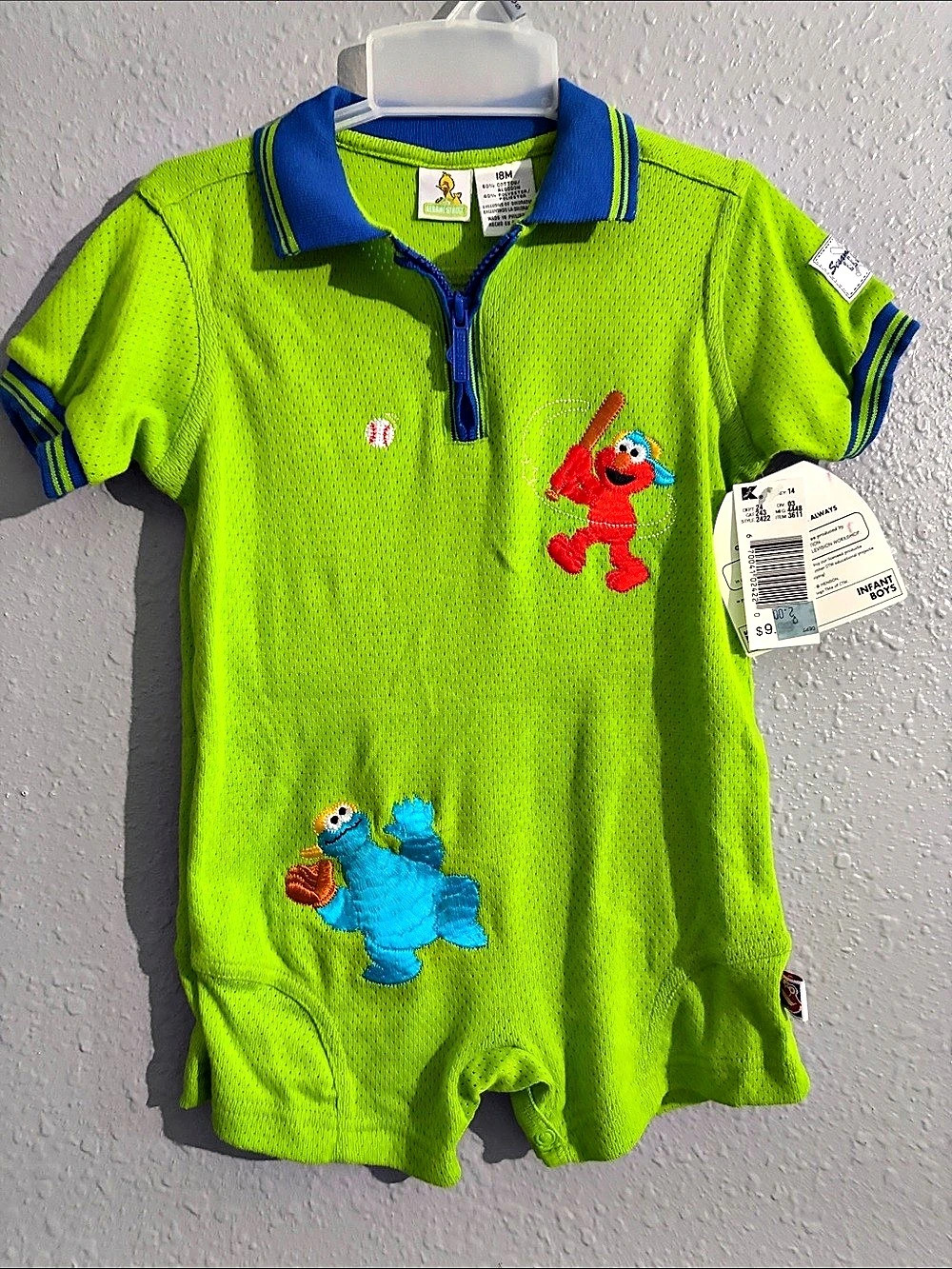 Vintage Elmo and Cookie Monster Baseball Mesh Romper Green size 18 NWT